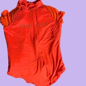 Bebe One Piece Swim Monokini Sexy Bathing Suit Zip Rash guard Crystals L RARE